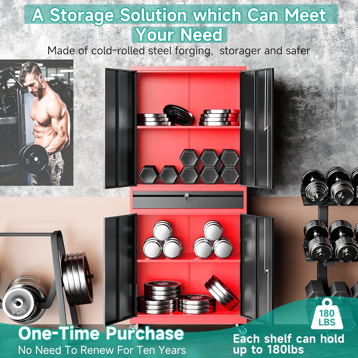 SISESOL Metal Storage Cabinet with Wheels and Drawer,Rolling Garage Storage Cabinet with Lock,Black Red Metal Cabinets with Wheel,73" Mobile Tall Tool Cabinets on Wheel for Home,Office,Garage,Shop