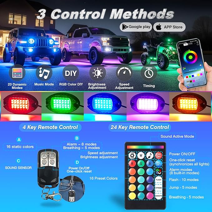20Pods Heavy Duty Aluminum RGB LED Rock Lights for Trucks Pickup Dually Truck Off-Road with APP/RF Remote, Segmented IP67 Waterproof Multicolor Underglow Accent Light 12V Plug and Play&Pre Wired