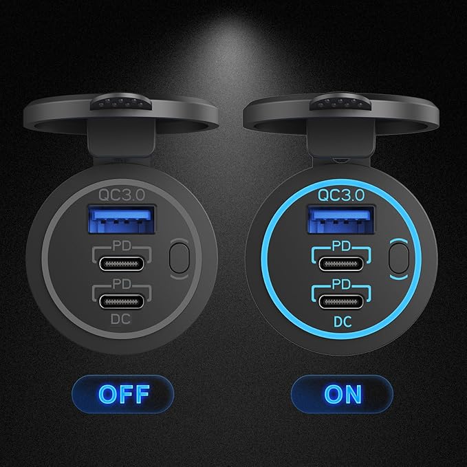 2 Pack 12V USB Outlet Wired Charger Multi Port, Dual PD3.0 USB-C and Quick Charge 3.0 Car Port Socket with Power Switch, Fast Charger for Cell Phone Tablet, Suitable for Car Boat RV Marine ATV