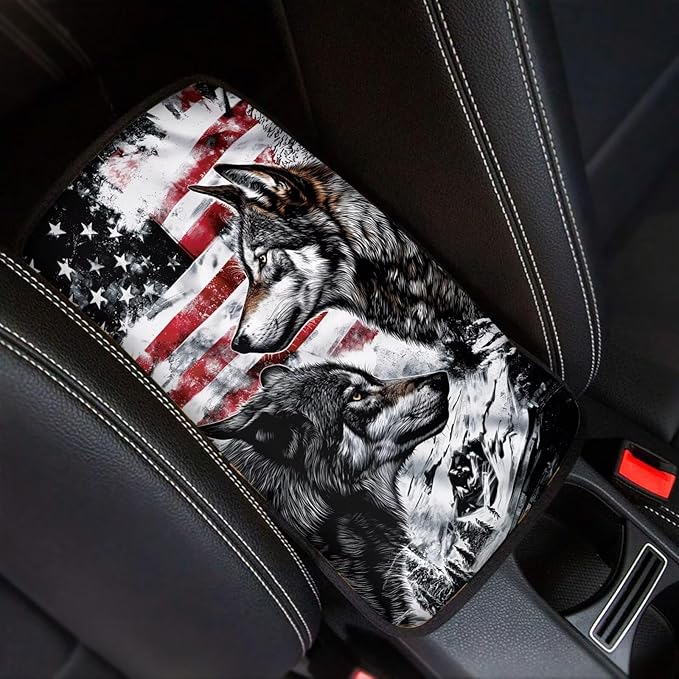 American Flag Wolf Car Armrest Cover Protector Dustproof Auto Center Console Cover Pad Universal Cars Armrest Seat Box Covers Cushion USA Flag Wolf Car Accessories Decor