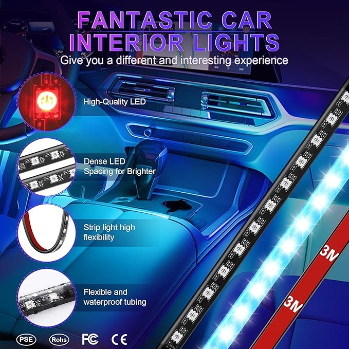 LivTee Smart Car Interior Lights, RGB LED Accent Lights with App Control, DIY & Music Mode, 2 Lines Design LED Lights for Cars, 12V Cigarette Lighter Power, Car Accessories for Women