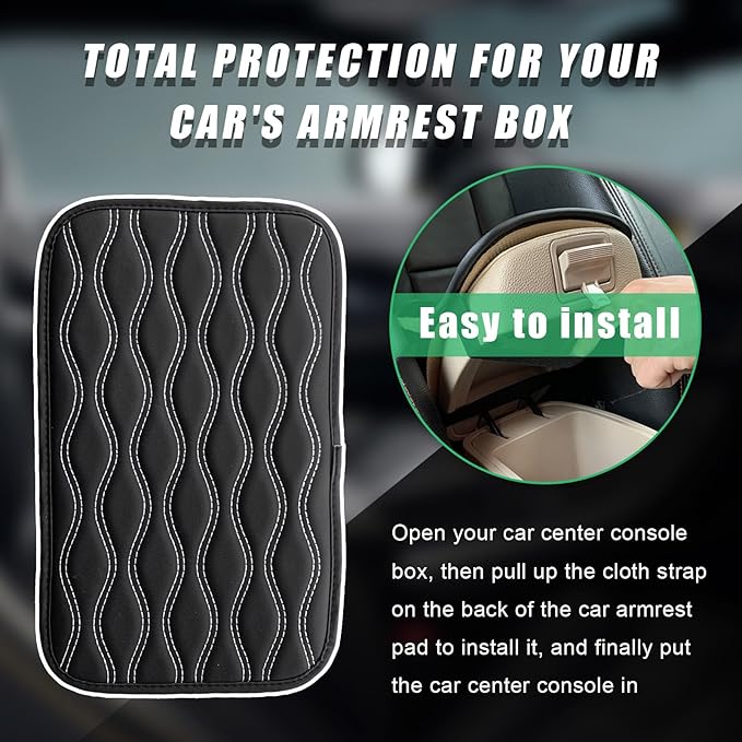 Car Center Console Pad, Waterproof Auto Armrest Seat Box Cover, PU Leather Arm Rest Protector Cushion Pad, Universal Vehicle Interior Protection Accessories for Car SUV (Black & White)