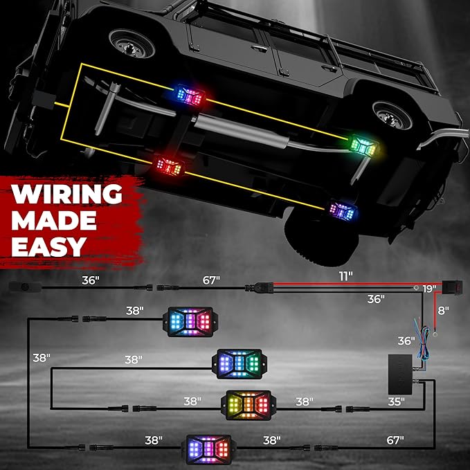 4 Pods Five Sided RGB Rock Lights for Trucks Jeep UTV SUV ATV Golf Cart, Multi Chasing Color App/Remote Control Led Rock Lights with Music Mode, Waterproof Exterior Underglow Kits for Cars