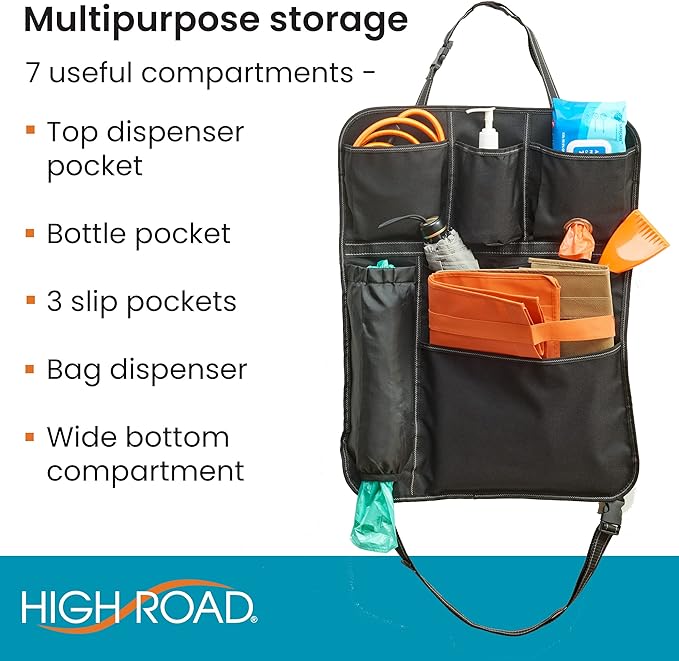 High Road BackPockets Seat Back Organizer - Back of Seat Organizer and Seat Protector with Storage Pockets and Bag Dispensers for Car, SUV, Truck or Van