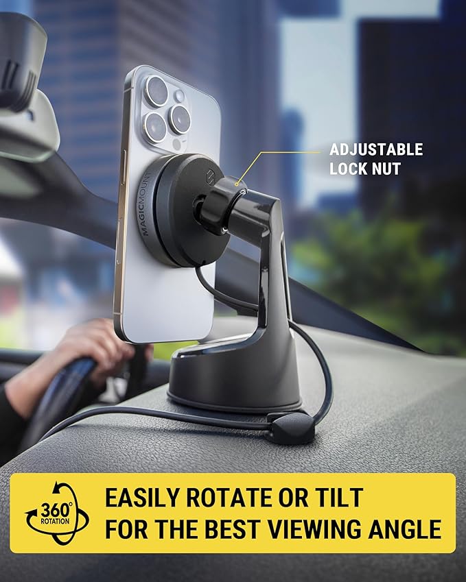 Scosche Qi2 MagSafe Car Mount, 15W Wireless Charging Suction Cup Phone Mount, Magnetic Windshield/Dashboard Cell Phone Holder with Fast USB-C Car Charger Compatible with iPhone 16/15/14/13/12, S25