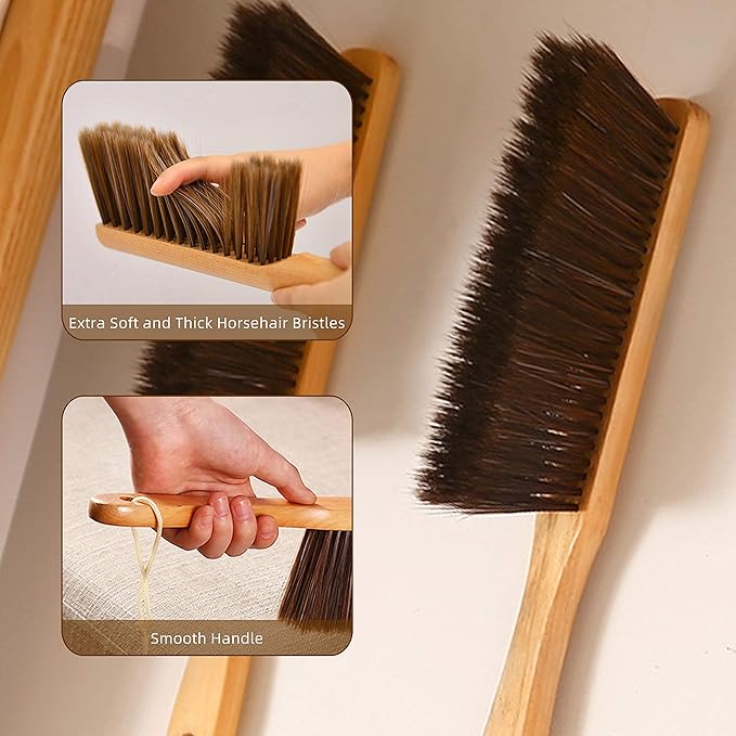 Hand Broom,Horse Hair Brushes,Soft Horsehair Upholstery Brush with Handle,Shop Brush Dustpan,Foxtail Broom,Dust Broom for Bench/Couch/Furniture/Couch/Counter/Bed/Fireplace Ash Dusting,Duster Cleaning