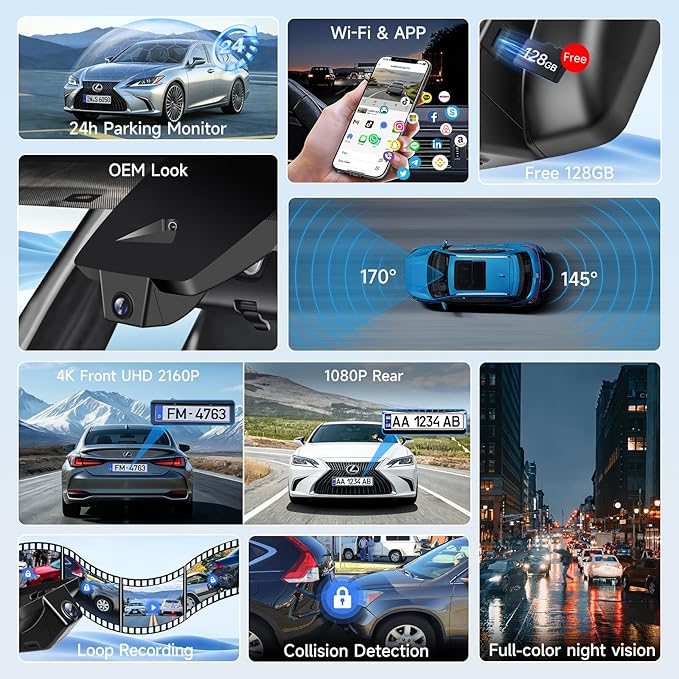 Leadfan 4K+1080P Dash Cam Front and Rear for Lexus ES 2019-2026 ES350 ES300h F Sport ES250 etc., OEM Look,Free 128GB SD Card, Dash Cam with WiFi & APP, Loop Recording, G-Sensor, Plug & Play Dashcam