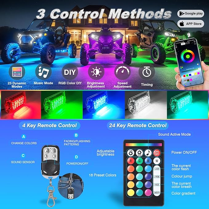 6Pods Full Angle RGB LED Rock Lights Full Kit for UTV ATV RZR SXS Can-Am Four Wheeler Quad Side by Side Offroad Golf Cart with APP/RF Remote,Waterproof Multicolor Underglow Light 180Chip Dual Zone 12V