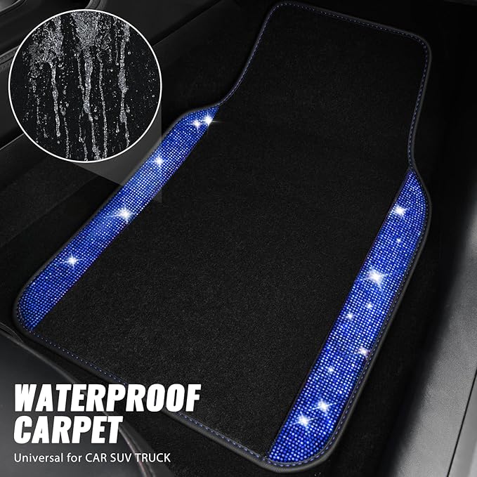 CAR PASS Bling Rhinestones Diamond Car Floor Mat,Sparkly Glitter Shining Crystal Carpet Anti-Slip PVC Heel Pad Waterproof Universal for Automotive SUV,Sedan,Van,4pcs Girl Pretty Women Men Black Blue