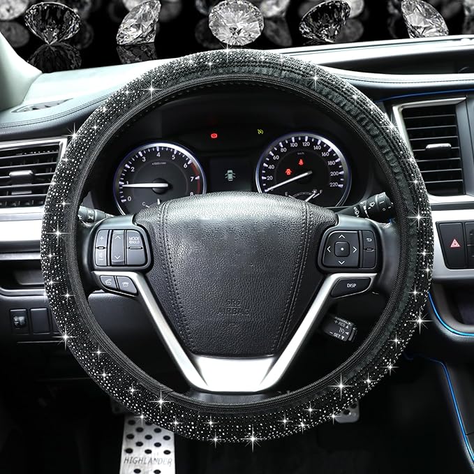 Bling Steering Wheel Cover, Crystal Rhinestone Diamond Steering Cover Universal Fit 15 inch Car Steering Wheel Protector for Women & Girl (Black)