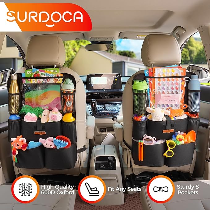 SURDOCA Upgraded Car Organizer with 11-in Touch Screen Tablet Holder, Backseat Organizer with 8 Pockets, Car Seat Protector Road Trip Essentials for Kids