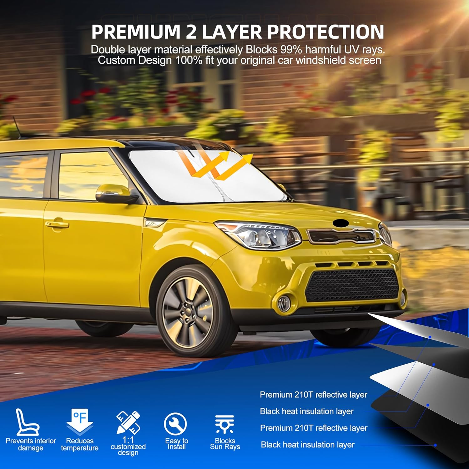 Windshield Sun Shade for Kia Soul 2014-2019 Foldable Sunshade Custom Fit Front Window Car Interior Accessories Protector Blocks UV Rays