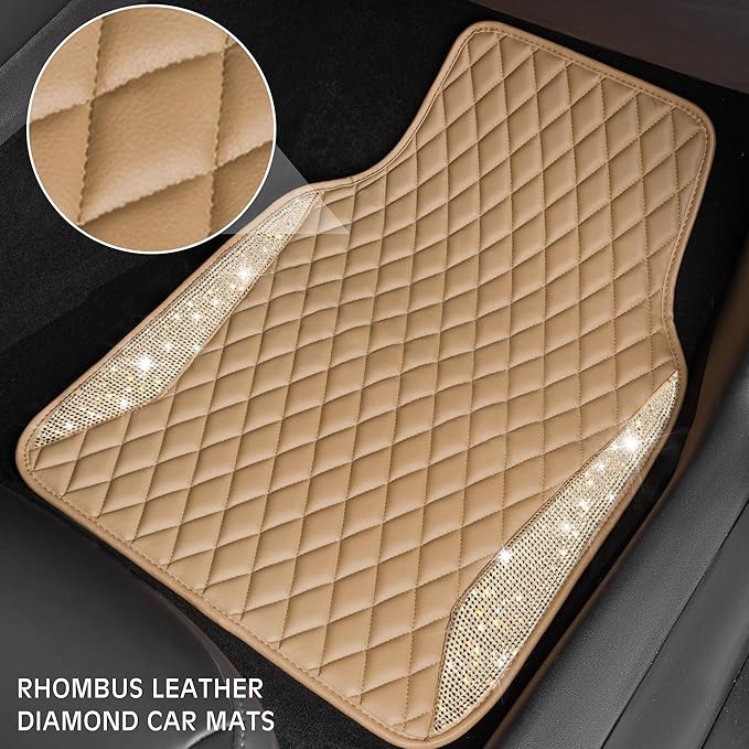 CAR PASS Bling Beige Leather Car Mats Shining Diamond Floor Mats Crystal Rhinestone Sparkly Glitter Carpet Anti-Slip Waterproof Pad Universal Fit for Automotive SUV, Sedan, Van, 5pcs Girl Women Beige