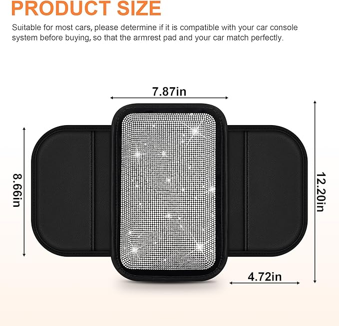 Bling Car Center Console Cover Custom Fit for Jeep Compass - Leather Armrest Cover with 2 Storage Pockets and Crystal Rhinestones(Black)