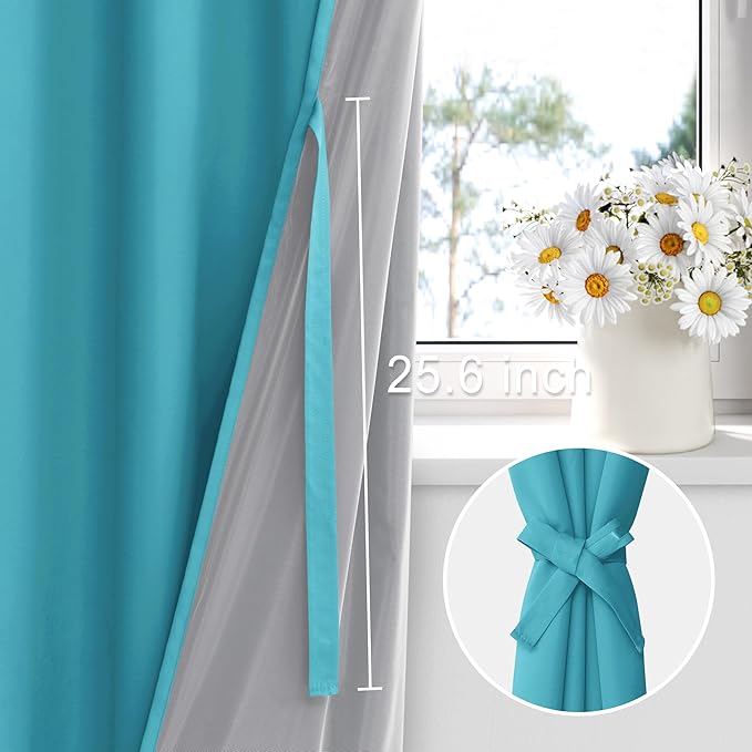 XWZO Full Shading Blackout Curtains 72 Inches Length - Heat and Light Blocking Ring Top Window Drapes with Black Liner Backing for Bedroom Sewn with Tiebacks, Turquoise, W52 x L72, Set of 2