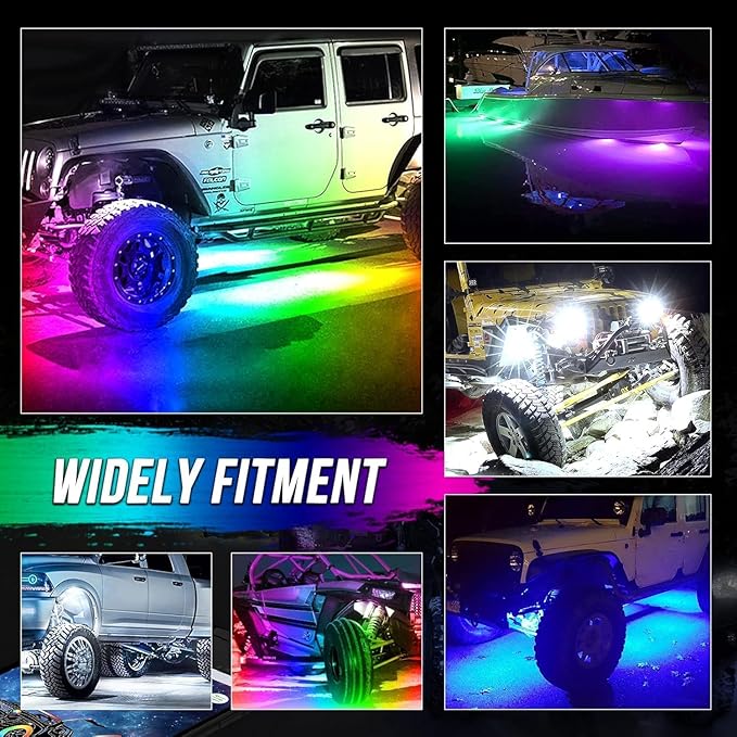 RGB LED Rock Lights Kit, 6 pods Underglow Multicolor Neon Pod with Bluetooth App Control Flashing Music Mode IP68 Exterior Wheel Well Light for Truck ATV UTV RZR SUV
