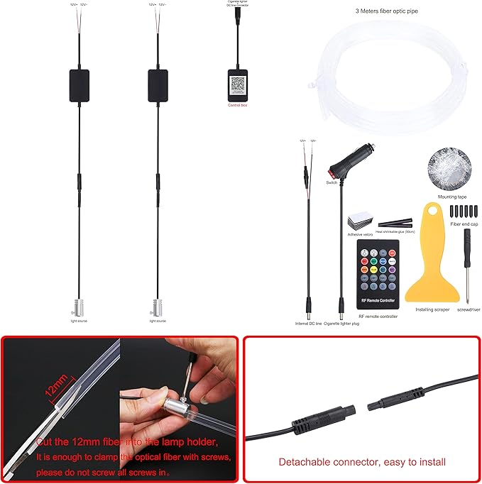 64 Colors Car Ambient Lighting Fiber Optic RF Remote + APP Control Multicoloured Music Car Atmosphere Decorative Lighting Kit 1W DC 12V-24V 3m