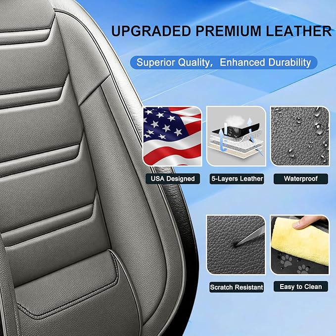 Fit Bolt Car Seat Covers for Select Chevrolet Bolt/Bolt EUV 2017-2025, Premium Full Coverage Leather, Airbag Compatible, Waterproof All Weather Seat Cushion Protector, Front Pair Black+Gray