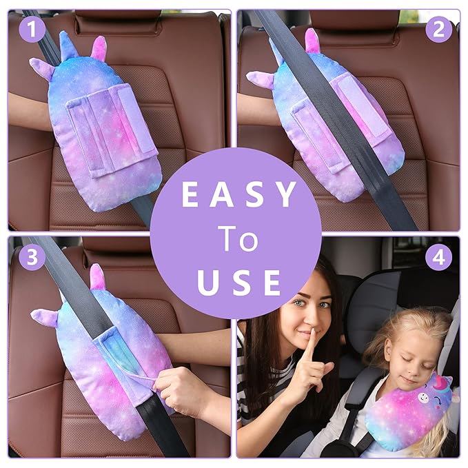 FIODAY Car Seat Belt Covers for Kids Unicorn Seat Belt Pillow Soft Seat Belt Cushion Adjust Seat Strap Pillow Head Neck Support for Children Boys Girls Travel, Purple