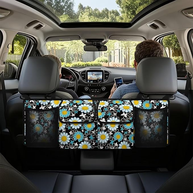 Cartoon Sunflower Print Car Trunk Organizer, Car Accessories Universal Detachable Foldable Car Back Seat Storage Bag with 4 Pockets for Most SUVs Sedans Trucks Vans