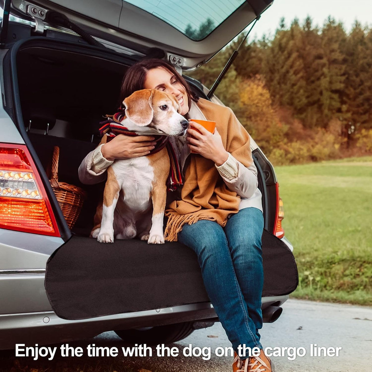 F-color SUV Cargo Liner for Dogs - Waterproof Pet Cargo Liner, Comfort Dog Cargo Cover with Bumper Flap Protector, Scrachproof Large Size Universal Fit SUVs Sedans Trunks Vans, Black