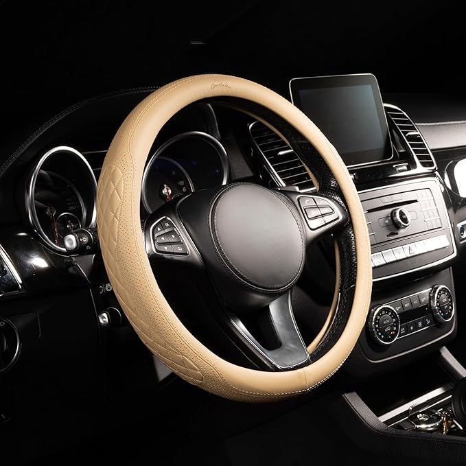 Lord Autofashion Steering Wheel Cover – PU Leather, Non-Slip Rubber Inner, All-Season Comfort – 14.5–15 Inch (Beige 9366)