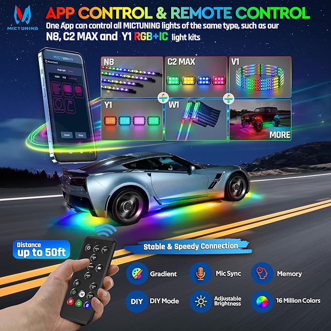 MICTUNING N8 Car Underglow Light Bar Kit, Chasing Color RGB+IC LED, Aluminum Exterior Underbody Multicolor Soundsync Neon Light Strip, Wireless App & Remote Control, IP68 Waterproof, 8PCS