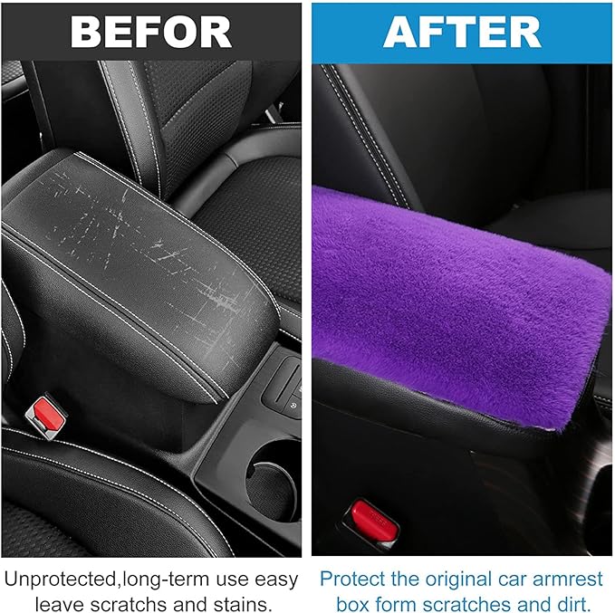 Fluffy Furry Armrest Cover for Car, Auto Center Console Cover Pad Car Soft Console Pad Wool Fur Armrest Seat Box Cover Protector Universal Fit for Most Vehicle, SUV (Purple)