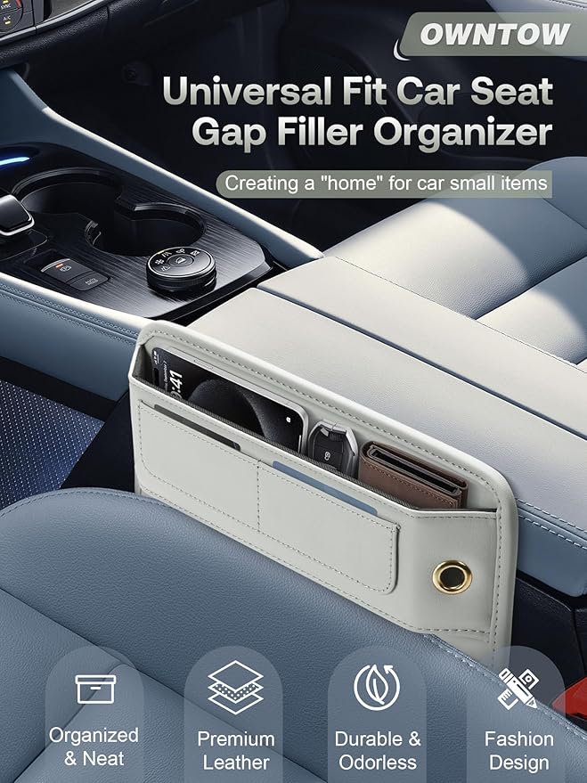 Universal Fit Premium Leather Car Seat Gap Filler Organizer, Center Console Organizer with Card Slots, Clever Gifts for Car SUV Truck Owners (Beige, 2 Pack)