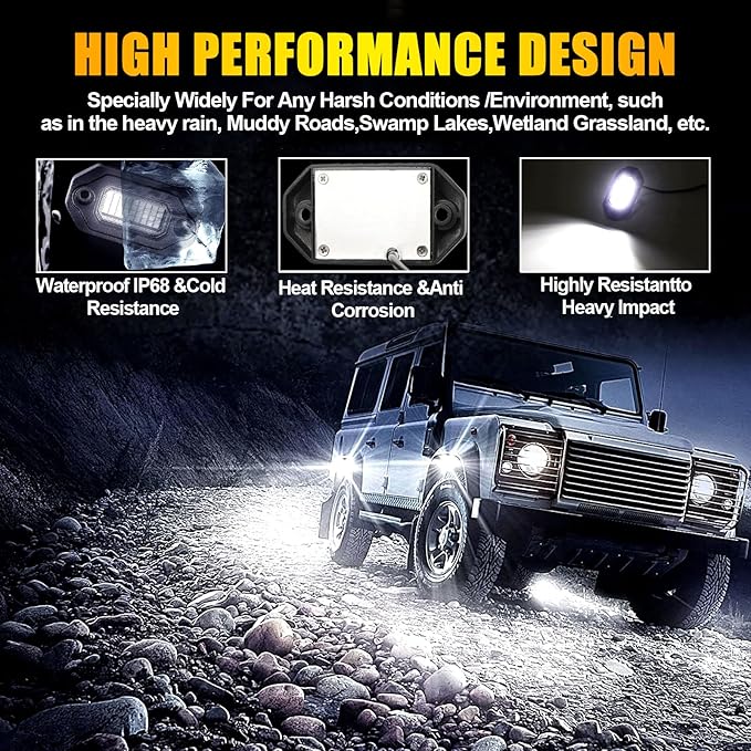 12Pods Metal Bright Pure White LED Rock Lights Kit,Per pod provided 15FT Power Cord,6500K 36LEDs Neon Underglow Light Aluminum Waterproof Fender Lights for Trucks Trailer Jeep Off Road ATV UTV