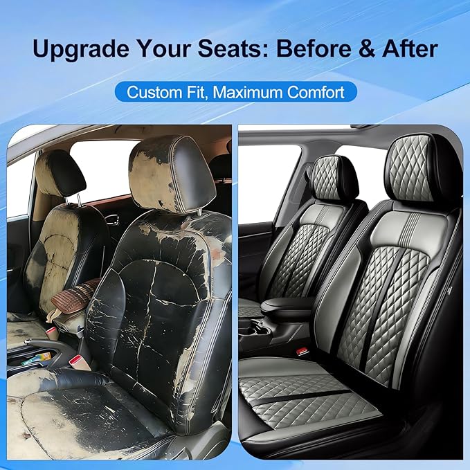 Fit Colorado Car Seat Covers for Select Chevy/Chevrolet Colorado 2015-2026, Premium Full Coverage Leather, Waterproof All Weather Breathable Seat Cushion Protector, Front Pair Black+Gray
