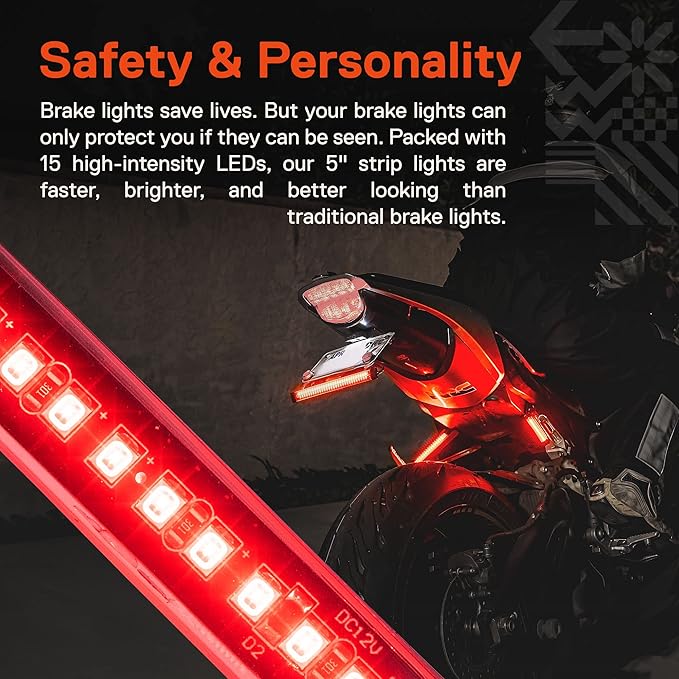 TRUE MODS 2pc 5" Red LED Motorcycle Turn Signal & Brake Tail Light Strip Kit [Waterproof] [Single Row] [50% Running] [100% Brake/Blinker] Self Adhesive Surface Mount Flexible Lamp for Dirt Bike ATV