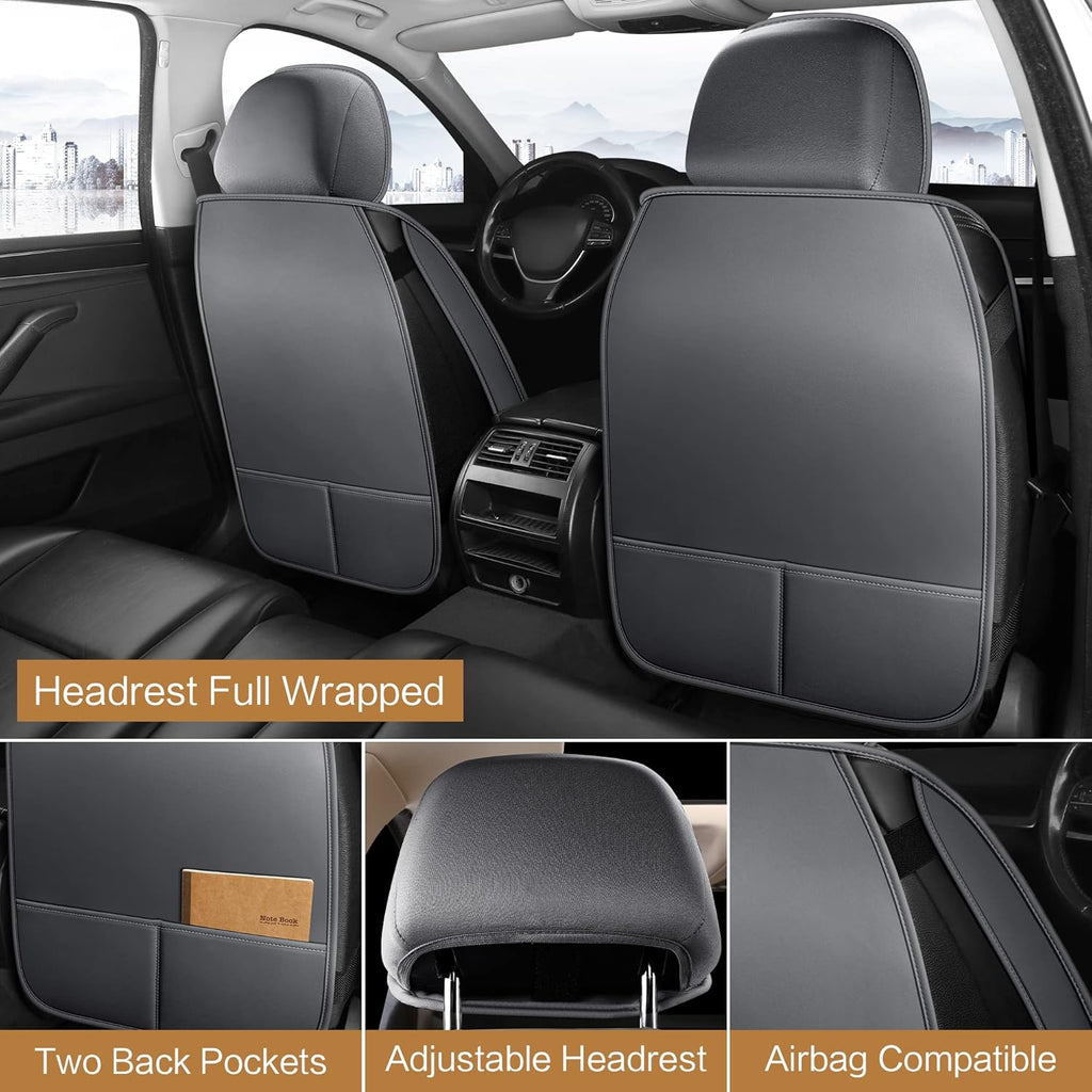 Pariitadin Leather Car Seat Covers Full Set, Waterproof Breathable Faux Leather Automotive Seat Covers for Cars, Non-Slip Car Interior Covers Universal Fit Most Cars Sedans Trucks SUVs, Gray