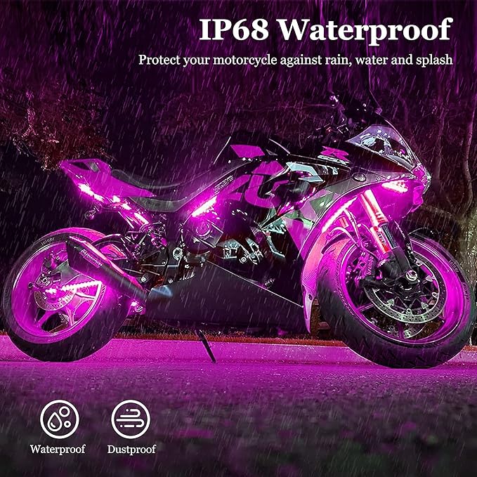 Motorcycle LED Underglow Kit, icicar 12 Pcs APP/RF Control Multicolor Motorcycle LED Light Kit with Brake Turn Signal, IP68 Waterproof & Music Sync Ambient Light for Motorcycles