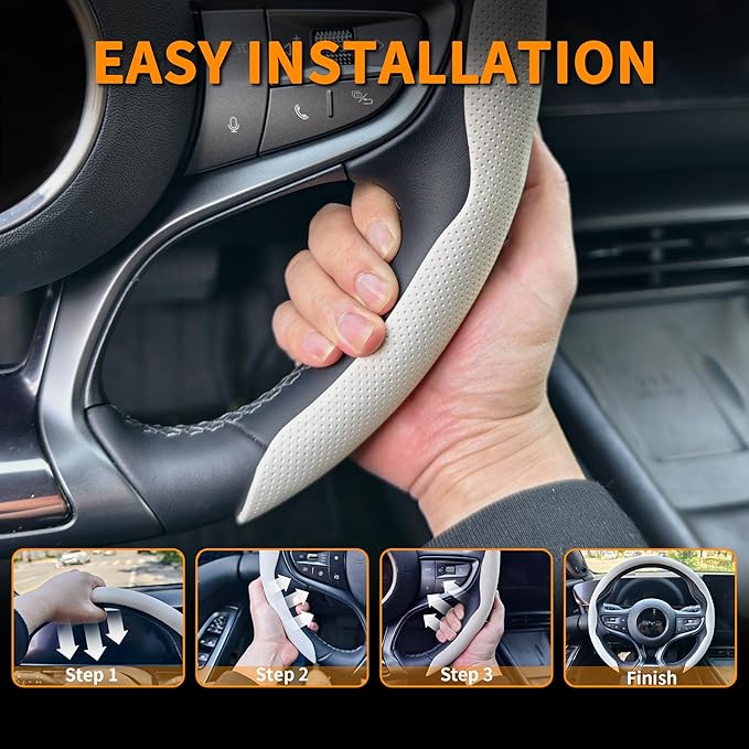 Nappa Leather Steering Wheel Cover, Universal 15 Inch Snap On Car Steering Wheel Cover for Men/Women, Comfortable & Breathable Microfiber Car Accessories Interior (White)