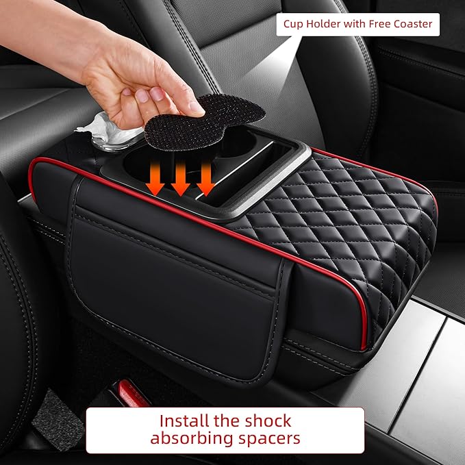 5 in 1 Car Center Console Cover, Armrest Pad with 2 Storage Pockets, Cup Holder, Tissue Box Slot, Phone Holder, Universal Car Interior Organizer (Black with Red Stitching)