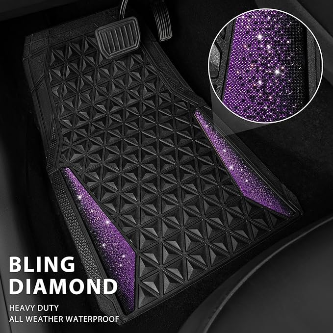 CAR PASS Bling Rubber Car Mats Diamond Floor Mats Full Set Anti-Slip 3D Rhombus Waterproof Universal Trim to Fit Liner Glitter Crystal Sparkly Shining Rhinestone Girl Women SUV Sedan Van, Black Purple