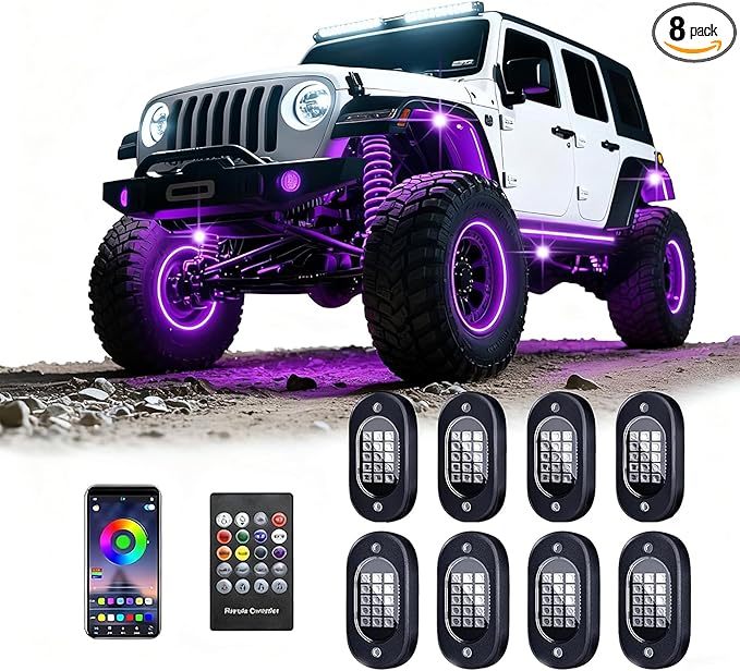 RGB LED Rock Lights Kit with APP/RF Remote Control Music Mode, Enhanced Underglow Lights Multi Zone Neon Underbody Light Multi Color 12V Waterproof for Trucks Jeep UTV ATV Golf Cart Offroad (8, p)