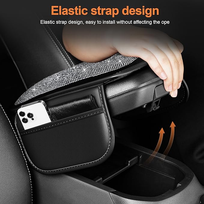Bling Car Center Console Cover Custom Fit for Jeep Compass - Leather Armrest Cover with 2 Storage Pockets and Crystal Rhinestones(Black)
