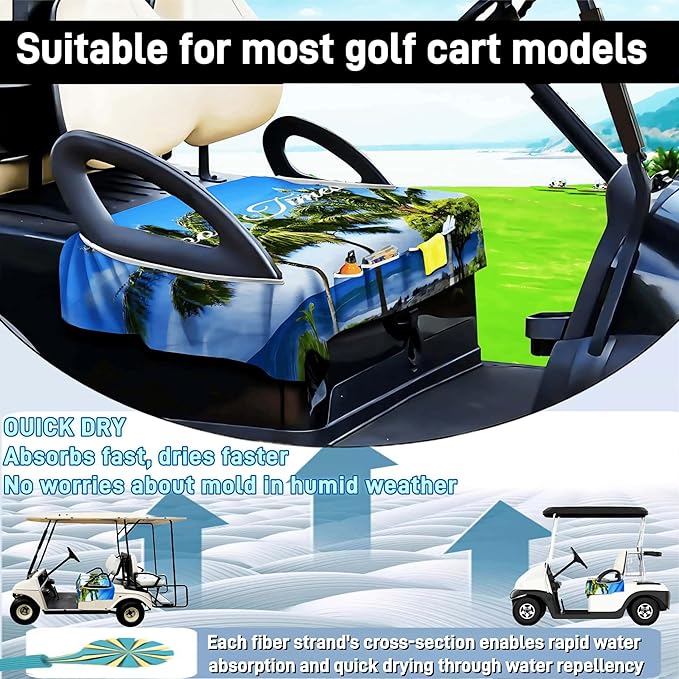 Golf Cart Seat Covers - Quick-Dry Cooling Seat Blanket with 4 Front Pockets, Elastic Armrest Openings, Fits EZGO Yamaha Club Car EPIC, 2-Person Microfiber Suede, Sweat Absorption, All-Season