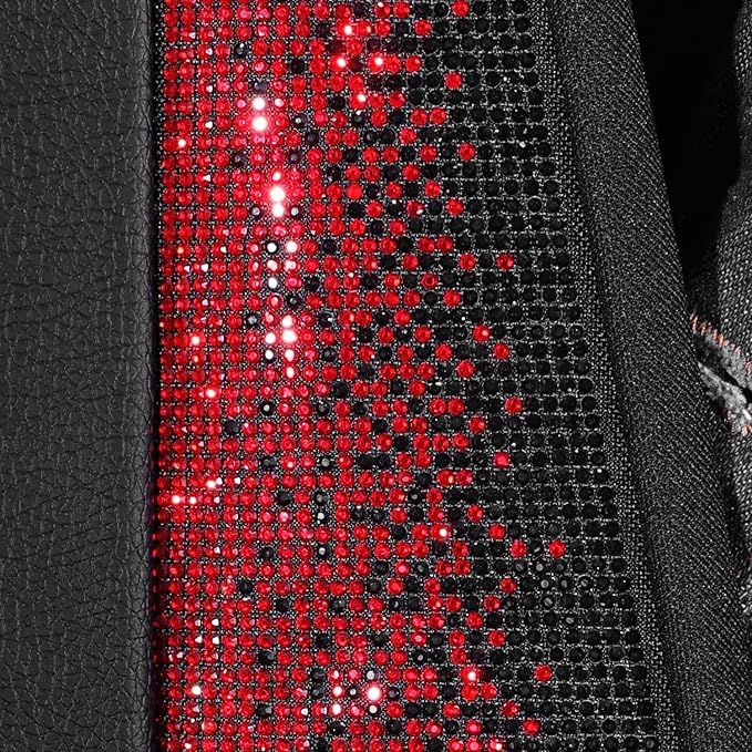 CAR PASS Bling Diamond Black Leather Car Seat Covers for 2 Front Interior Sets, Waterproof Shining Glitter Sparkly Crystal Universal Armrest Fit Automotive Truck SUV Cute Women Girl, Red Rhinestone