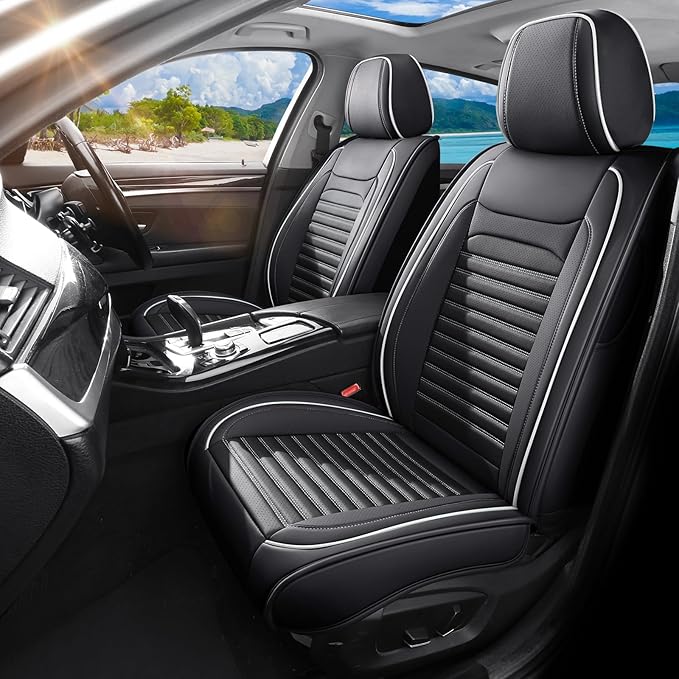 Truck Seat Covers Full Set Fit for Toyota Tacoma 2001-2026, Premium Faux Leather Car Seat Protector, Breathable, Anti-Slip, Comfortable & Durable (Black&White,Full Set)