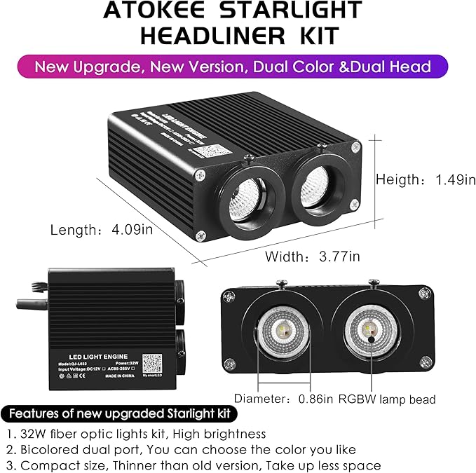 ATOKEE 32W Dual Color Starlight Headliner Kit, Sound Activated Fiber Optic Star Roof Lights with APP/Remote Control, 800pcs 0.03in 9.8ft