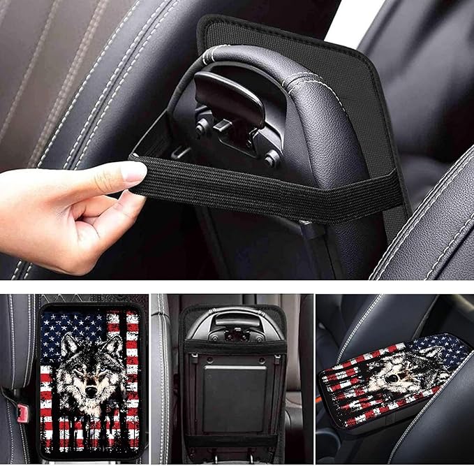 Wolf American Flag Print Center Console Armrest Cover for Car,Armrest Cushion Cover Pad, Auto Interior Accessories Universal Fit