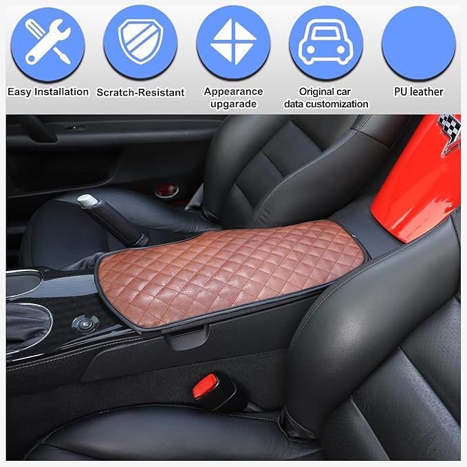 Center Console Armrest Cover for Chevy Corvette C6 2005-2013, Centre Armrest Seat Box Cover, Armrest Arm Rest Pad, Middle Consoles Cushion Protector Mat, Leather (Brown)