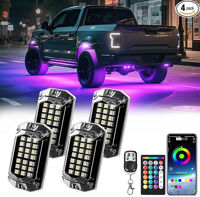 4 Pods Full Angle RGBW LED Rock Lights for ATV UTV RZR SXS Truck Jeeps Offroad,Waterproof Multicolor Neon Underglow Kit with APP/RF Remote, 12V Pure White Underbody Lights
