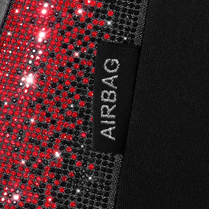 CAR PASS Bling Diamond Black Leather Car Seat Covers for 2 Front Interior Sets, Waterproof Shining Glitter Sparkly Crystal Universal Armrest Fit Automotive Truck SUV Cute Women Girl, Red Rhinestone