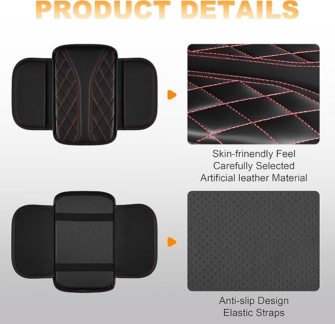 Car Center Console Cover Fit for Jeep Wrangler - Leather Armrest Covers with 2 Storage Pockets(Black&Red)