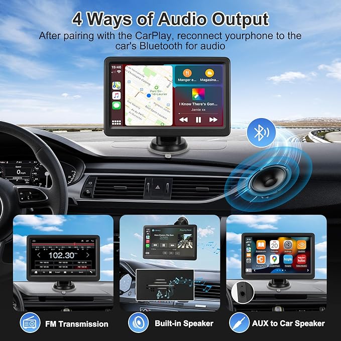 Carplay Screen for Car, 7" Wireless Carplay & Android Auto, Portable HD Touchscreen with Mirror Link, GPS Navigation, Voice Control, Hands-Free Calling, Bluetooth/AUX/FM, Plug & Play Car Play Screen