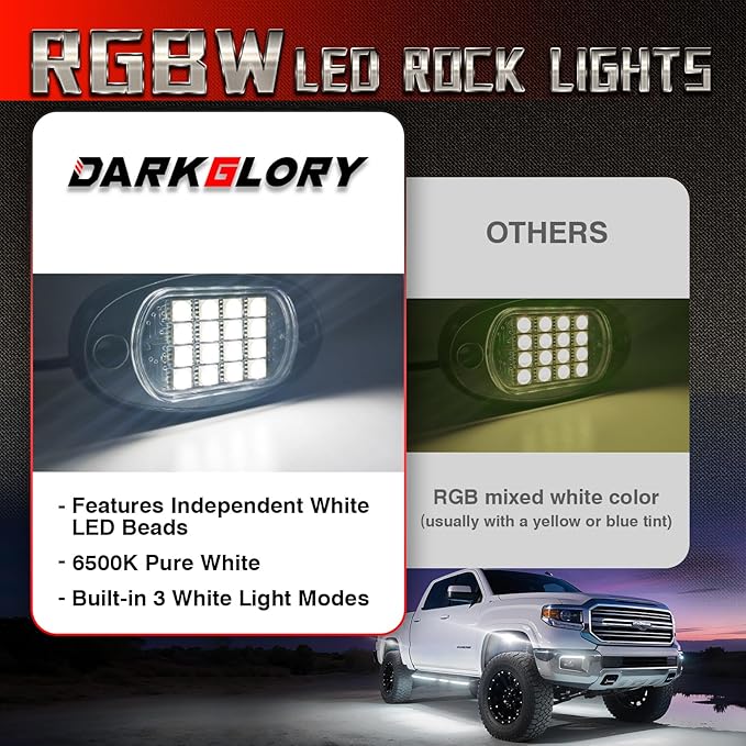 4 Pods RGBW LED Rock Lights for UTV ATV Golf Cart RZR SXS Truck Jeeps Off Road, Waterproof Multicolor Neon Underglow Kit with APP/RF Remote Control&Brake Red Function,12V Pure White Underbody Lights